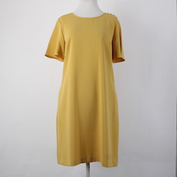 Ann Taylor Dress Sz 10 Mustard Yellow Pockets Knee Length 100% Polyester Dress - Picture 2 of 14